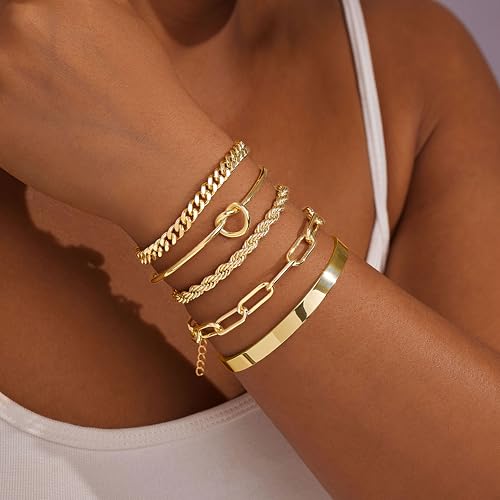 Gold Bracelets for Women Non Tarnish, 14K Gold Plated Chunky Cuff Bracelet Gold Bangles Bracelet for Women Trendy Tie Knot Cuban Rope Paperclip Beaded Bracelet Stack Jewelry Gifts