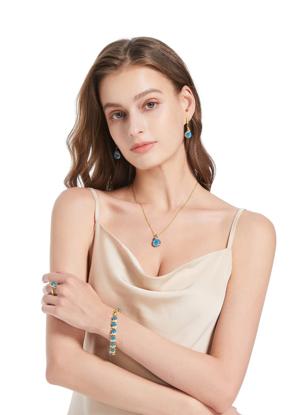 GZWHD Jewelry Set for Women Water Drop Cubic Zirconia Artificial Crystal Earrings Pendant Necklace Open Ring Tennis Bracelet Wedding Anniversary Birthday Engagement Gift for Bridesmaid Wife Girlfriend Friend