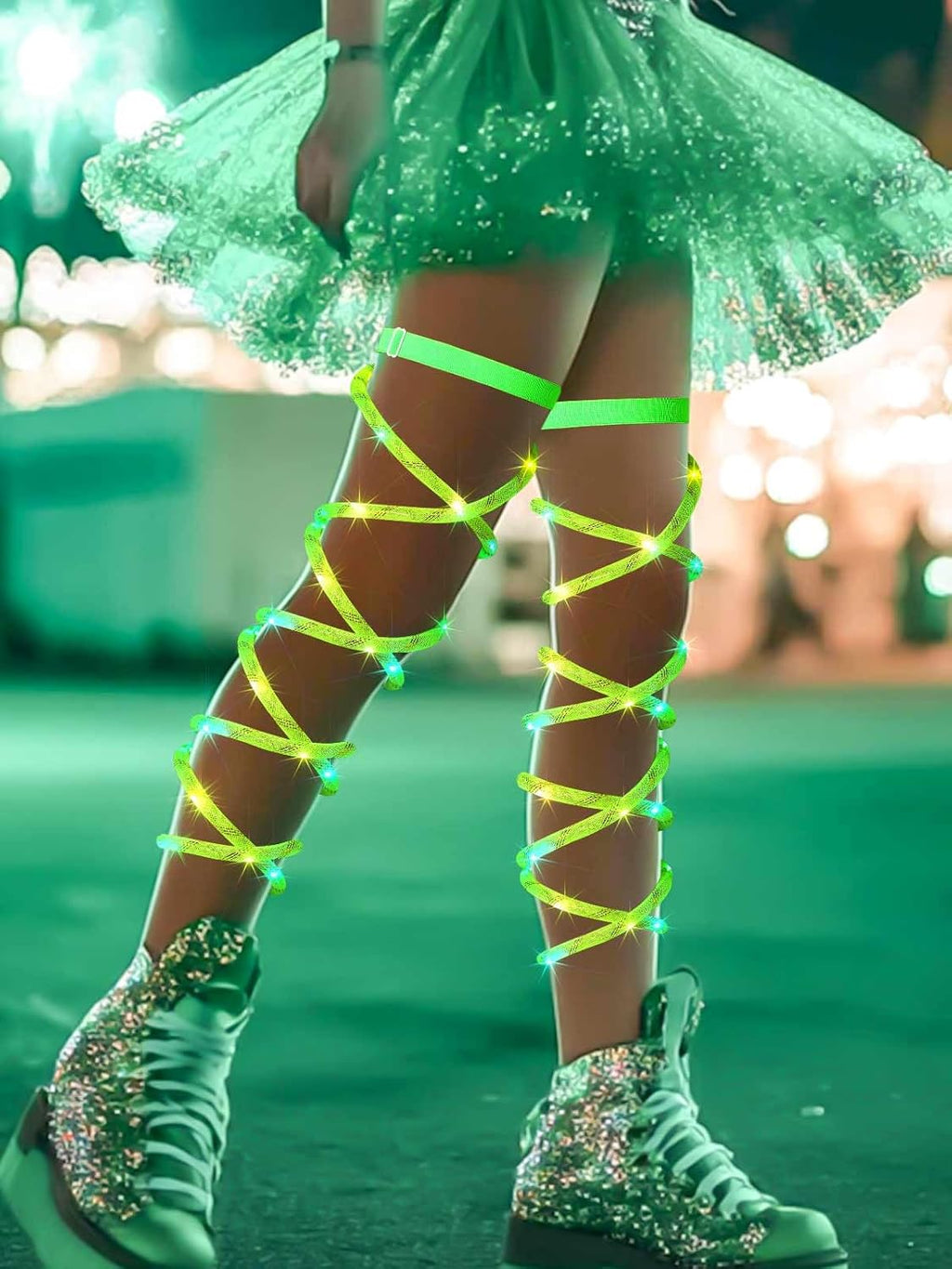 Rave Outfit Leg Wraps Light Up Elastic Leggings Plus Size Neon Garter EDC Concert Coachella Accessories for Women (Green)