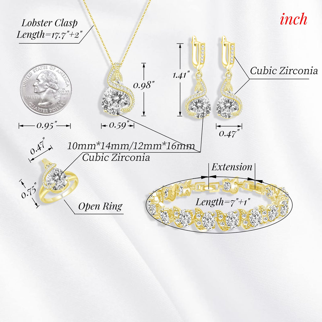 GZWHD Jewelry Set for Women Water Drop Cubic Zirconia Artificial Crystal Earrings Pendant Necklace Open Ring Tennis Bracelet Wedding Anniversary Birthday Engagement Gift for Bridesmaid Wife Girlfriend Friend