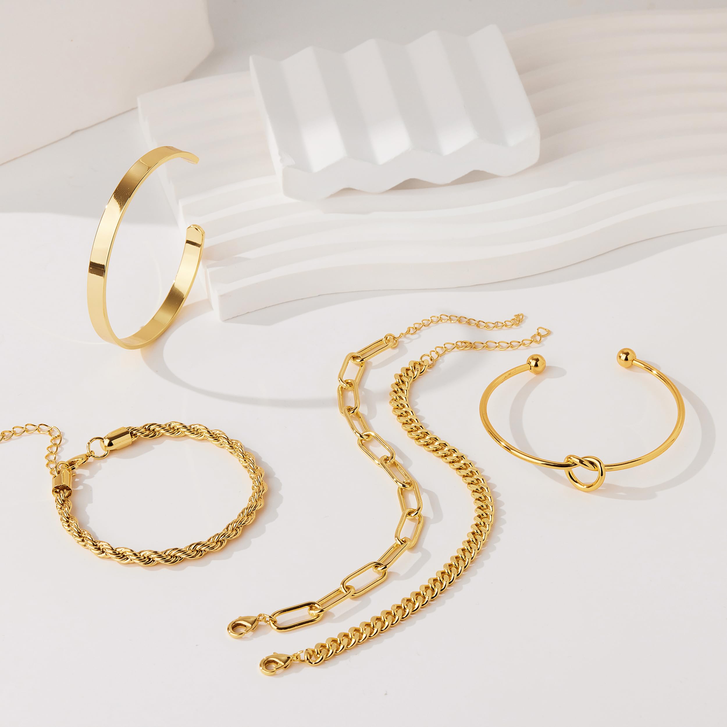 Gold Bracelets for Women Non Tarnish, 14K Gold Plated Chunky Cuff Bracelet Gold Bangles Bracelet for Women Trendy Tie Knot Cuban Rope Paperclip Beaded Bracelet Stack Jewelry Gifts