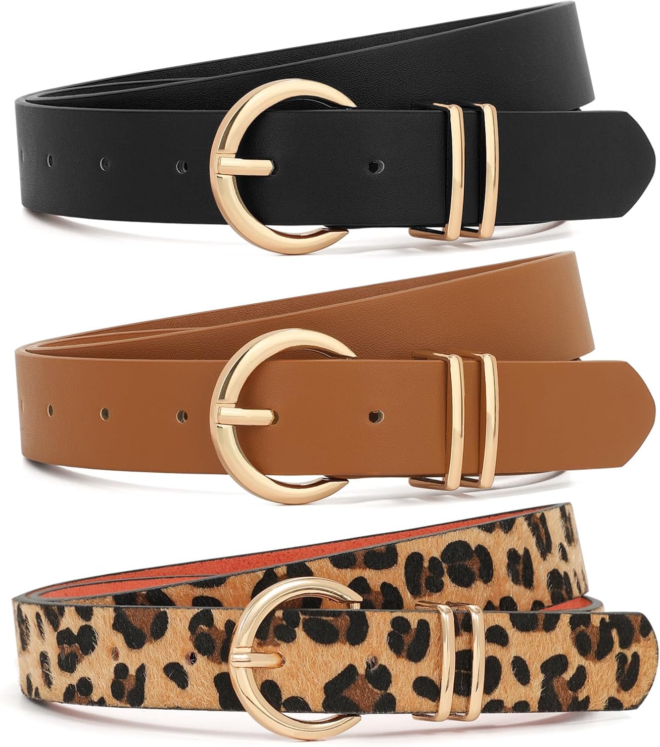 XZQTIVE 3 Pack Women Belts For Jeans Dresses Pants Ladies Leather Waist Belt with Gold Buckle