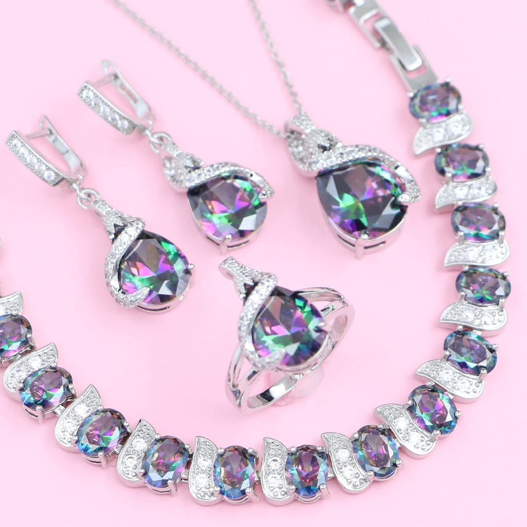 GZWHD Jewelry Set for Women Water Drop Cubic Zirconia Artificial Crystal Earrings Pendant Necklace Open Ring Tennis Bracelet Wedding Anniversary Birthday Engagement Gift for Bridesmaid Wife Girlfriend Friend