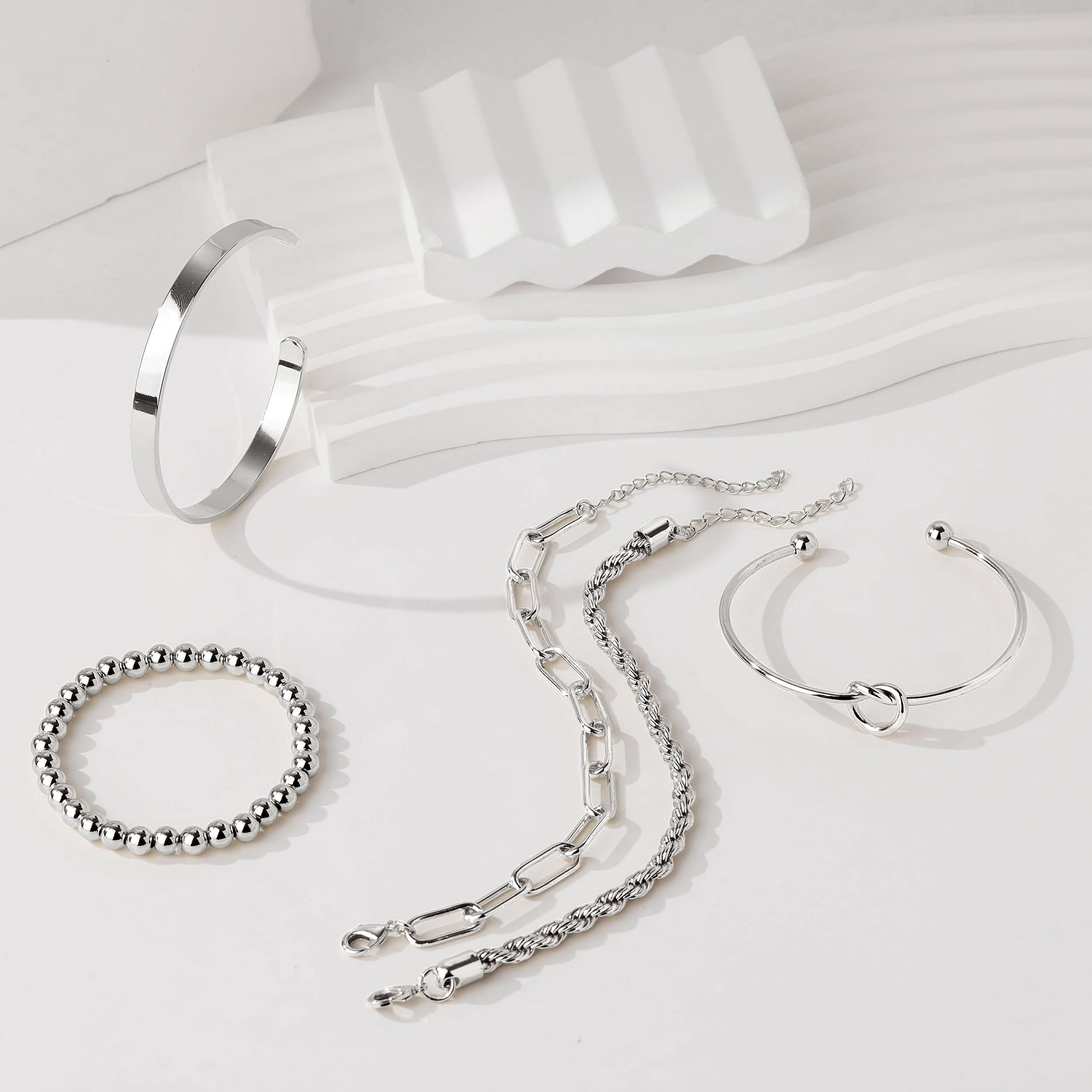 Gold Bracelets for Women Non Tarnish, 14K Gold Plated Chunky Cuff Bracelet Gold Bangles Bracelet for Women Trendy Tie Knot Cuban Rope Paperclip Beaded Bracelet Stack Jewelry Gifts