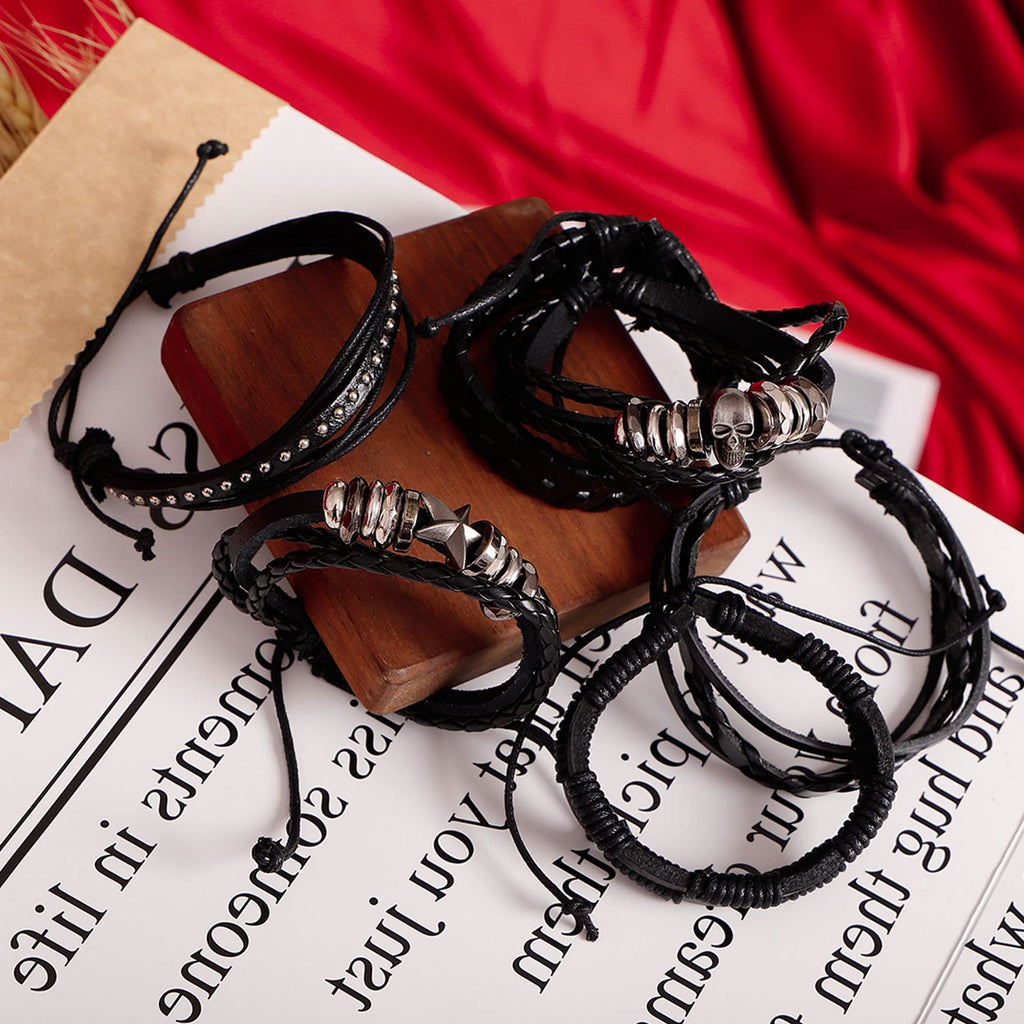 MILAKOO 6Pcs Punk Leather Bracelets for Women Men Braided PU Wristband Skull Skeleton Accessories