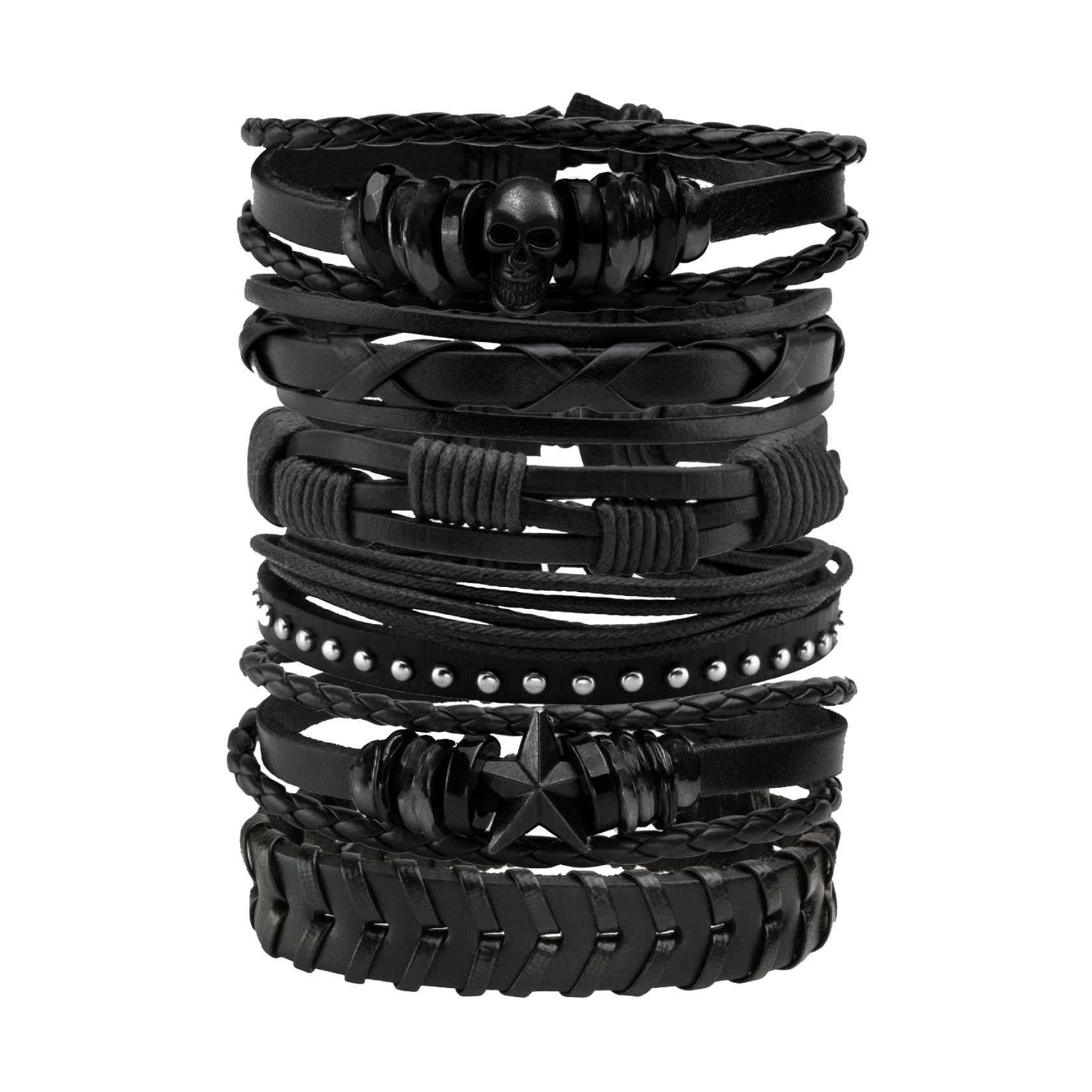 MILAKOO 6Pcs Punk Leather Bracelets for Women Men Braided PU Wristband Skull Skeleton Accessories
