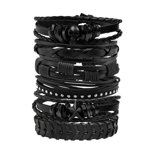 MILAKOO 6Pcs Punk Leather Bracelets for Women Men Braided PU Wristband Skull Skeleton Accessories
