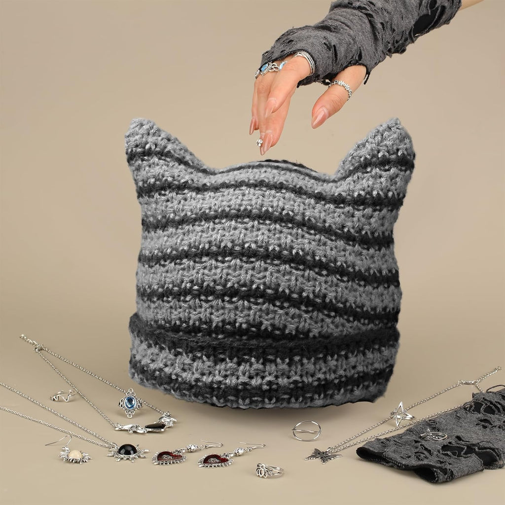 Quelay 22 Pcs Y2k Grunge Knitted Cat Beanie with Fairy Grunge Ripped Glove Earrings Necklace Rings Set Horn Accessories Slouchy Hat Crochet Beanie with Ears (Black)