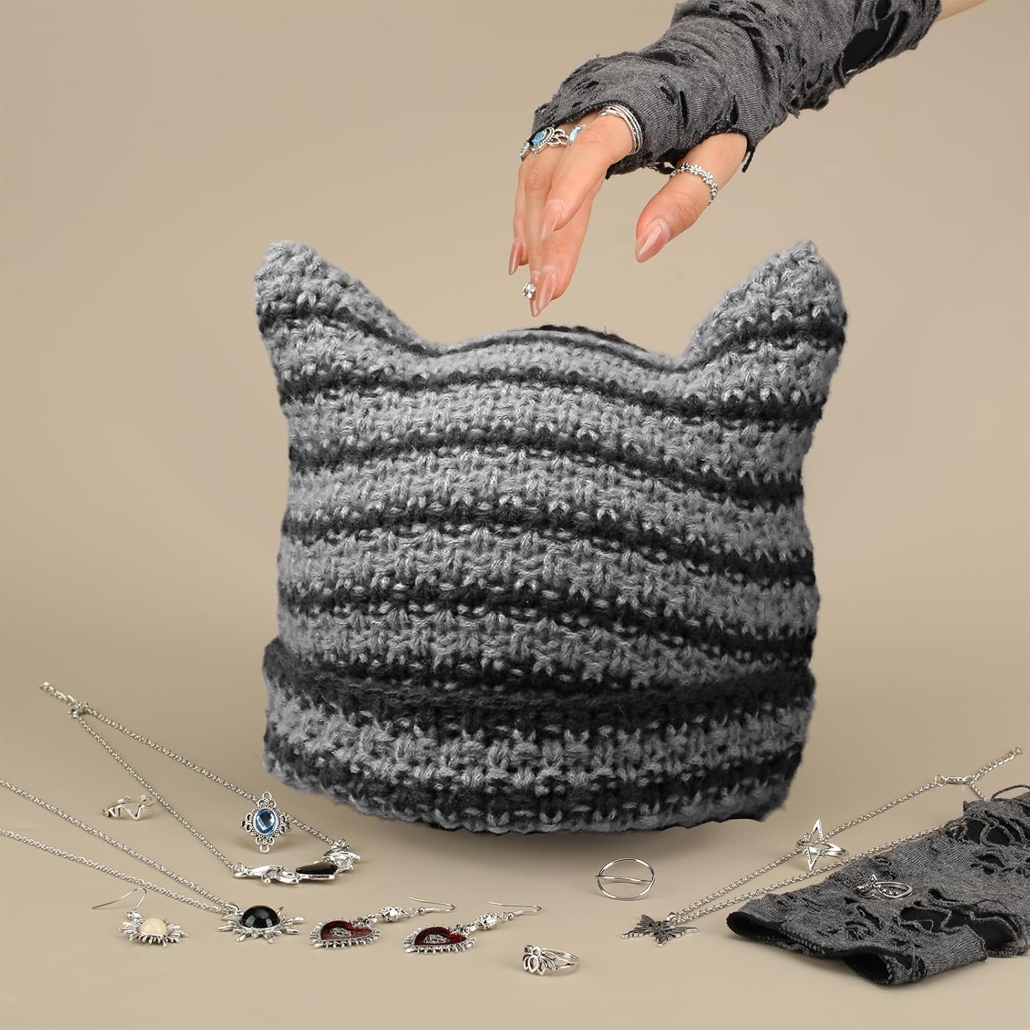 Quelay 22 Pcs Y2k Grunge Knitted Cat Beanie with Fairy Grunge Ripped Glove Earrings Necklace Rings Set Horn Accessories Slouchy Hat Crochet Beanie with Ears (Black)