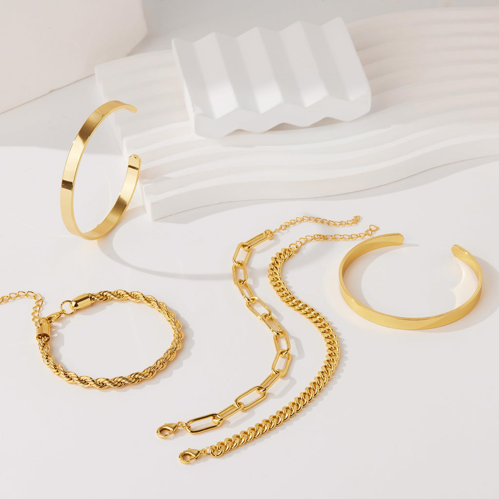 Gold Bracelets for Women Non Tarnish, 14K Gold Plated Chunky Cuff Bracelet Gold Bangles Bracelet for Women Trendy Tie Knot Cuban Rope Paperclip Beaded Bracelet Stack Jewelry Gifts