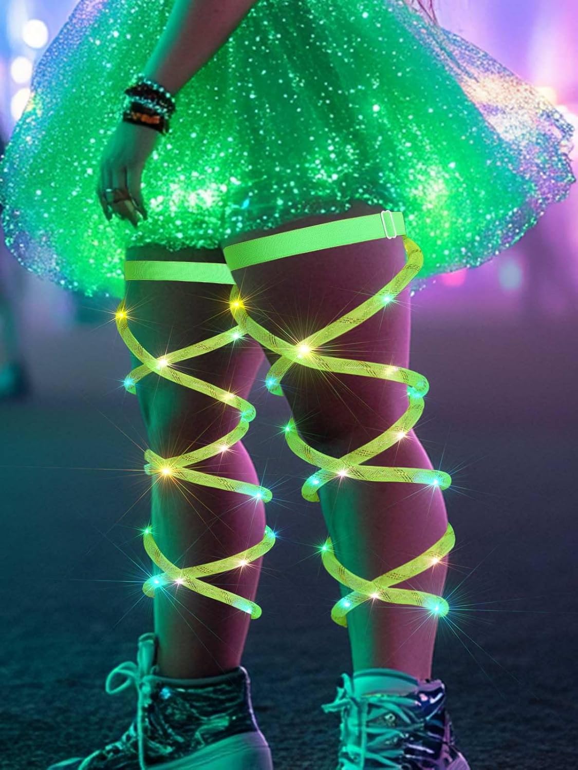 Rave Outfit Leg Wraps Light Up Elastic Leggings Plus Size Neon Garter EDC Concert Coachella Accessories for Women (Green)