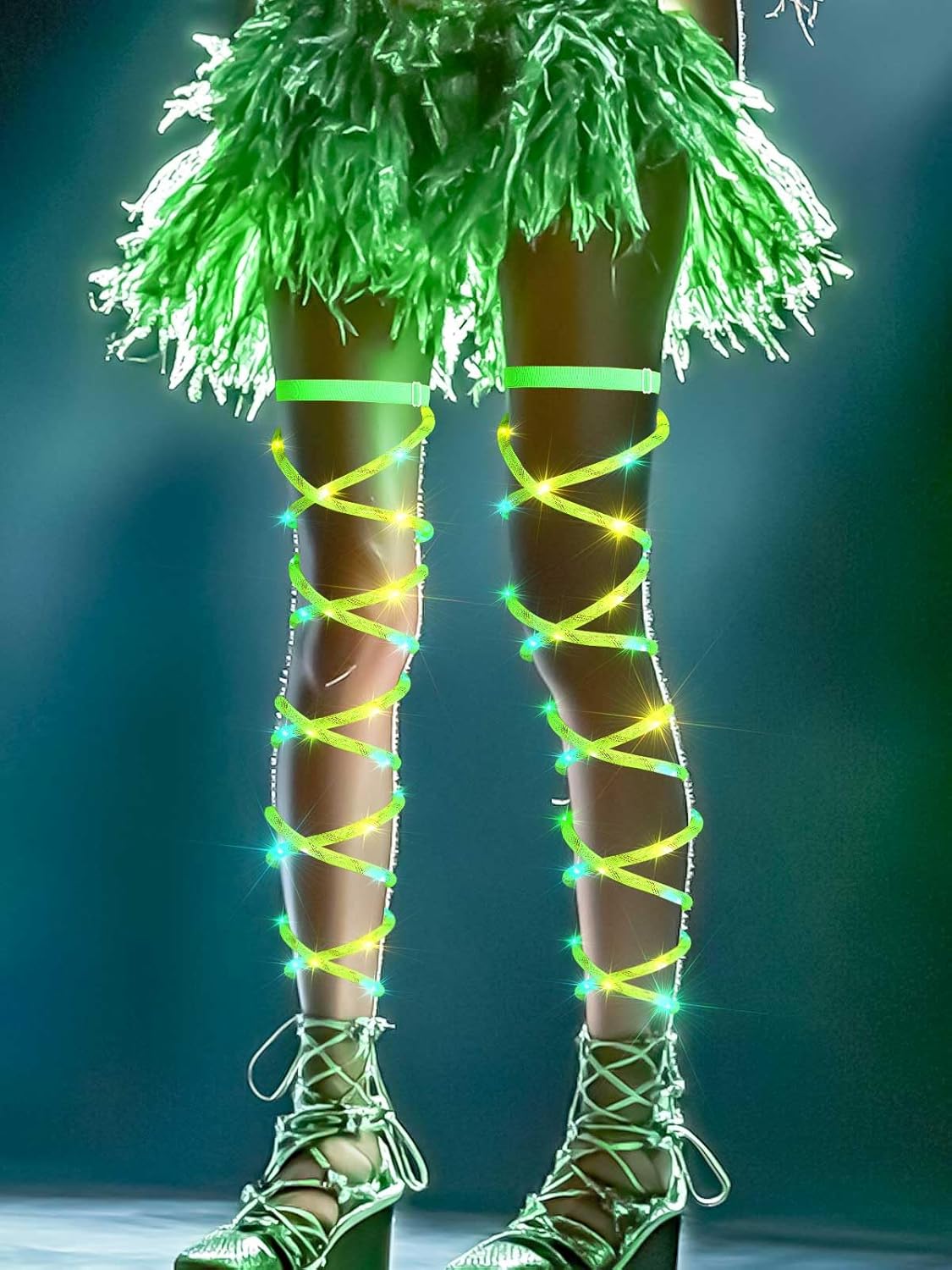 Rave Outfit Leg Wraps Light Up Elastic Leggings Plus Size Neon Garter EDC Concert Coachella Accessories for Women (Green)
