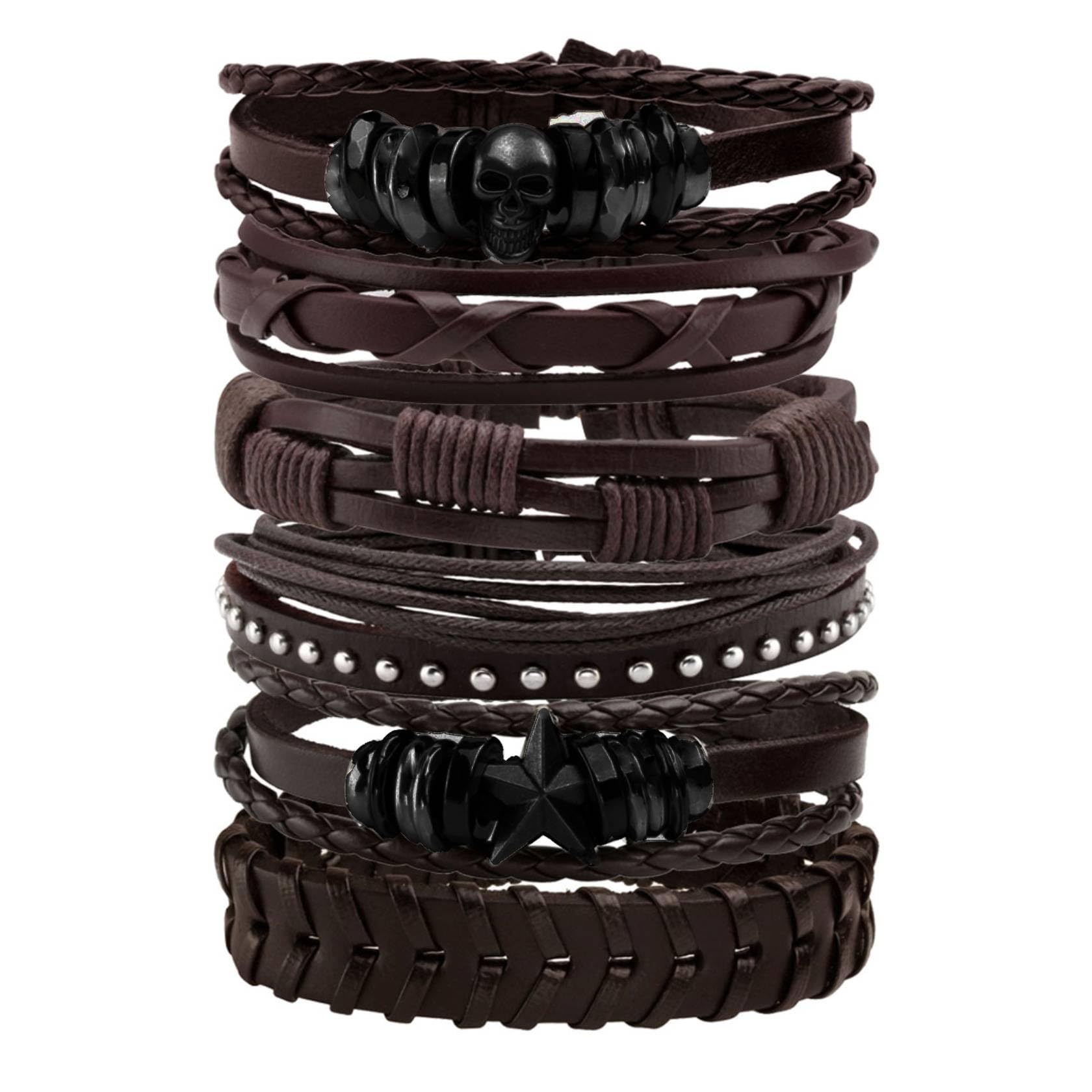 MILAKOO 6Pcs Punk Leather Bracelets for Women Men Braided PU Wristband Skull Skeleton Accessories