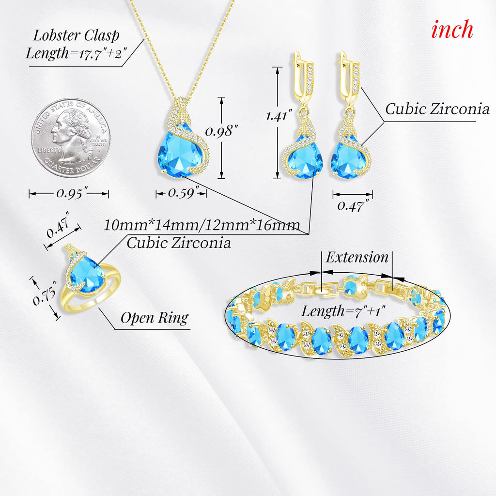 GZWHD Jewelry Set for Women Water Drop Cubic Zirconia Artificial Crystal Earrings Pendant Necklace Open Ring Tennis Bracelet Wedding Anniversary Birthday Engagement Gift for Bridesmaid Wife Girlfriend Friend