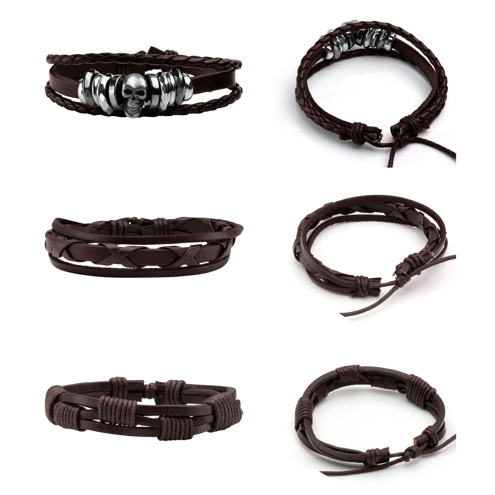 MILAKOO 6Pcs Punk Leather Bracelets for Women Men Braided PU Wristband Skull Skeleton Accessories