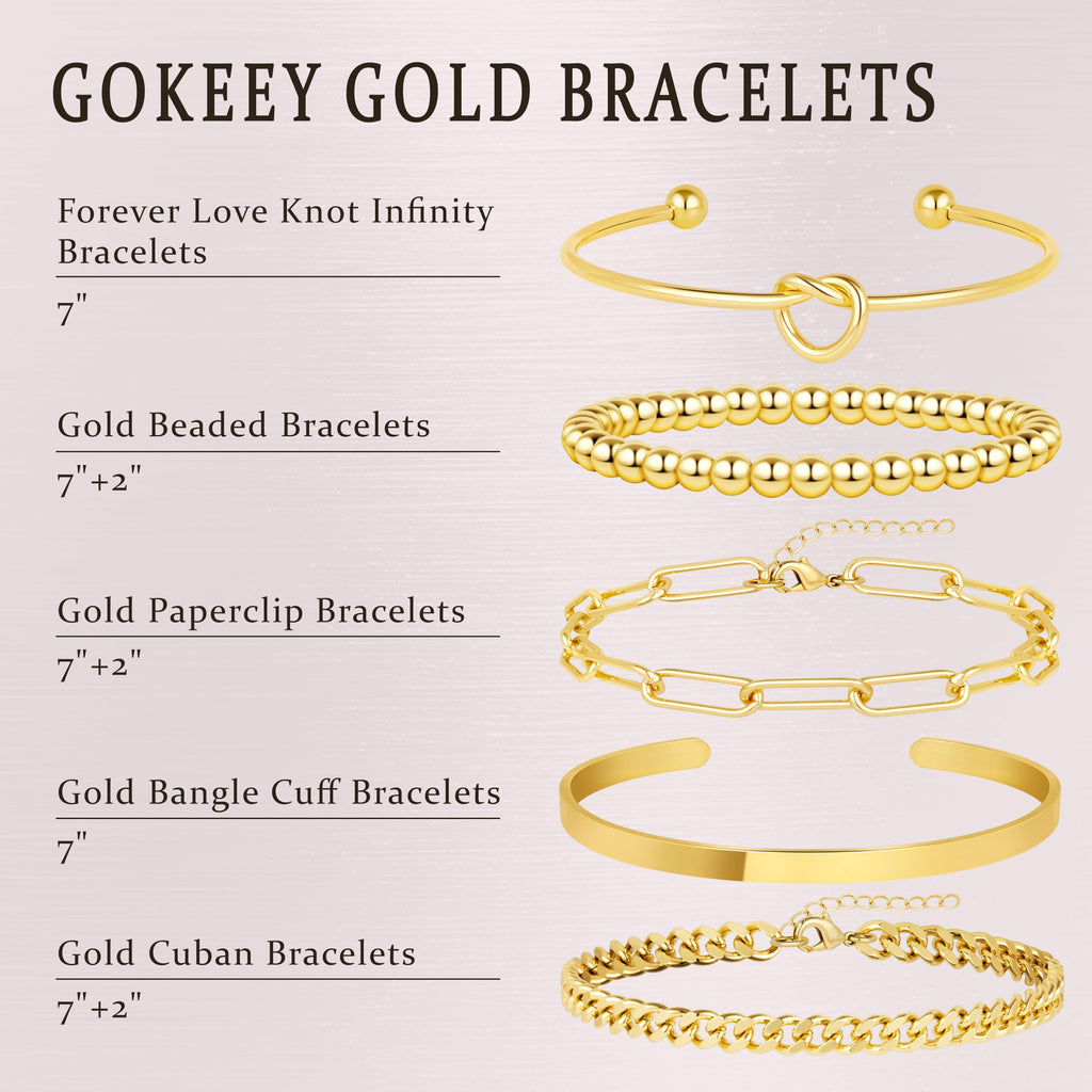 Gold Bracelets for Women Non Tarnish, 14K Gold Plated Chunky Cuff Bracelet Gold Bangles Bracelet for Women Trendy Tie Knot Cuban Rope Paperclip Beaded Bracelet Stack Jewelry Gifts
