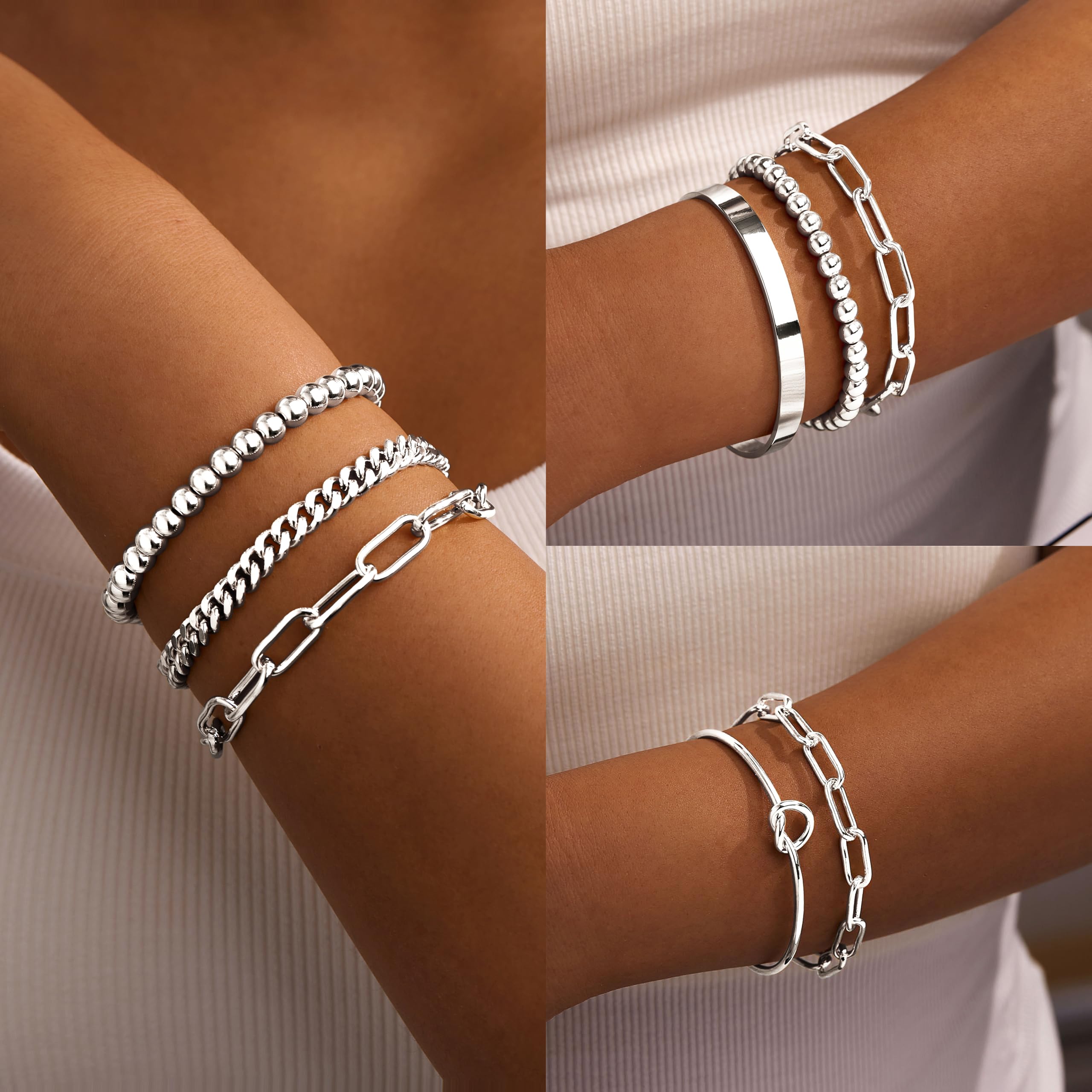 Gold Bracelets for Women Non Tarnish, 14K Gold Plated Chunky Cuff Bracelet Gold Bangles Bracelet for Women Trendy Tie Knot Cuban Rope Paperclip Beaded Bracelet Stack Jewelry Gifts