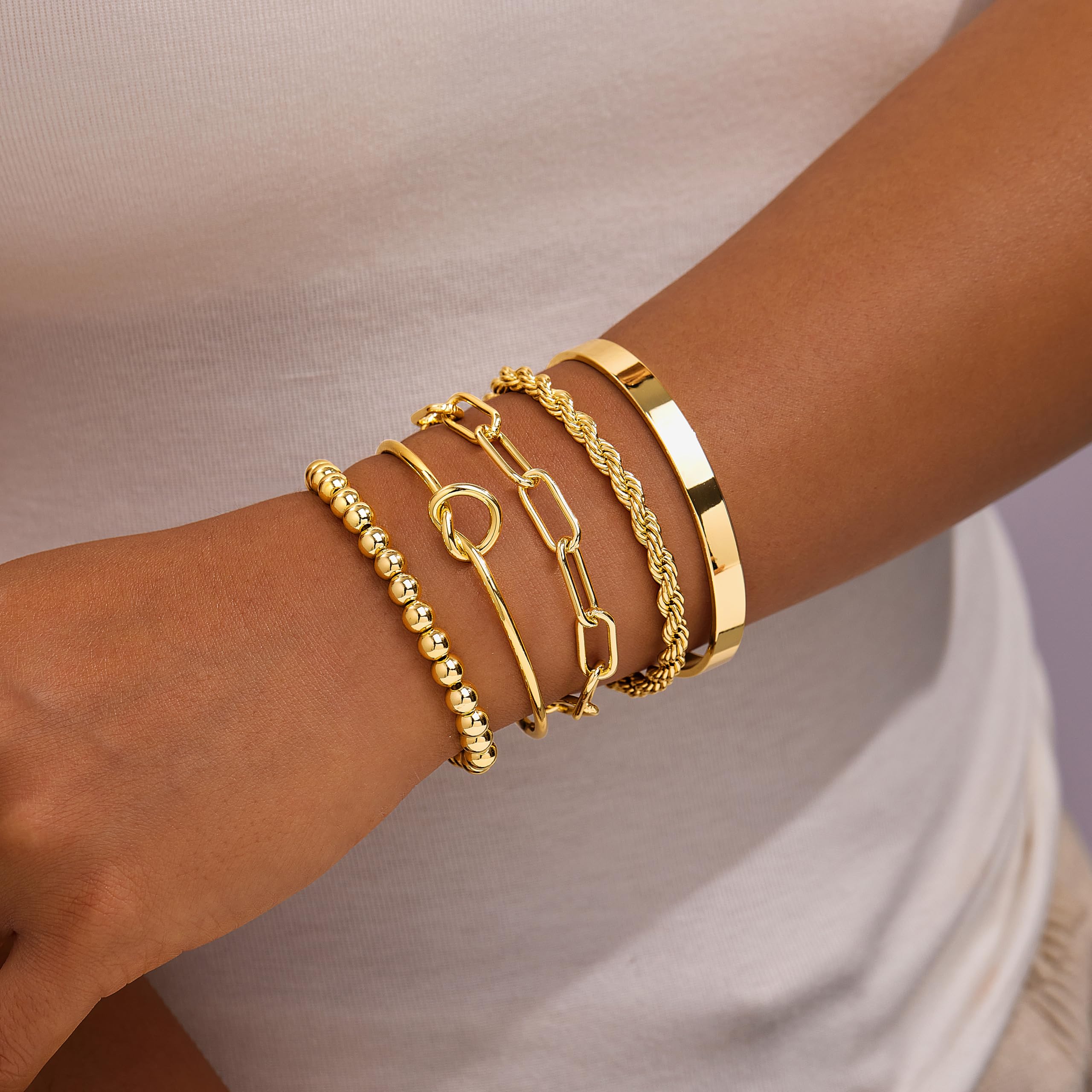 Gold Bracelets for Women Non Tarnish, 14K Gold Plated Chunky Cuff Bracelet Gold Bangles Bracelet for Women Trendy Tie Knot Cuban Rope Paperclip Beaded Bracelet Stack Jewelry Gifts