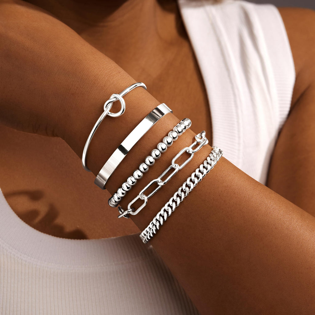 Gold Bracelets for Women Non Tarnish, 14K Gold Plated Chunky Cuff Bracelet Gold Bangles Bracelet for Women Trendy Tie Knot Cuban Rope Paperclip Beaded Bracelet Stack Jewelry Gifts