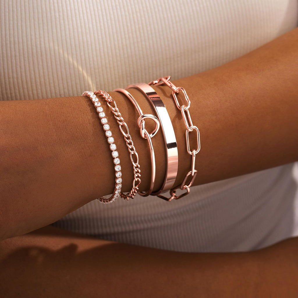 Gold Bracelets for Women Non Tarnish, 14K Gold Plated Chunky Cuff Bracelet Gold Bangles Bracelet for Women Trendy Tie Knot Cuban Rope Paperclip Beaded Bracelet Stack Jewelry Gifts