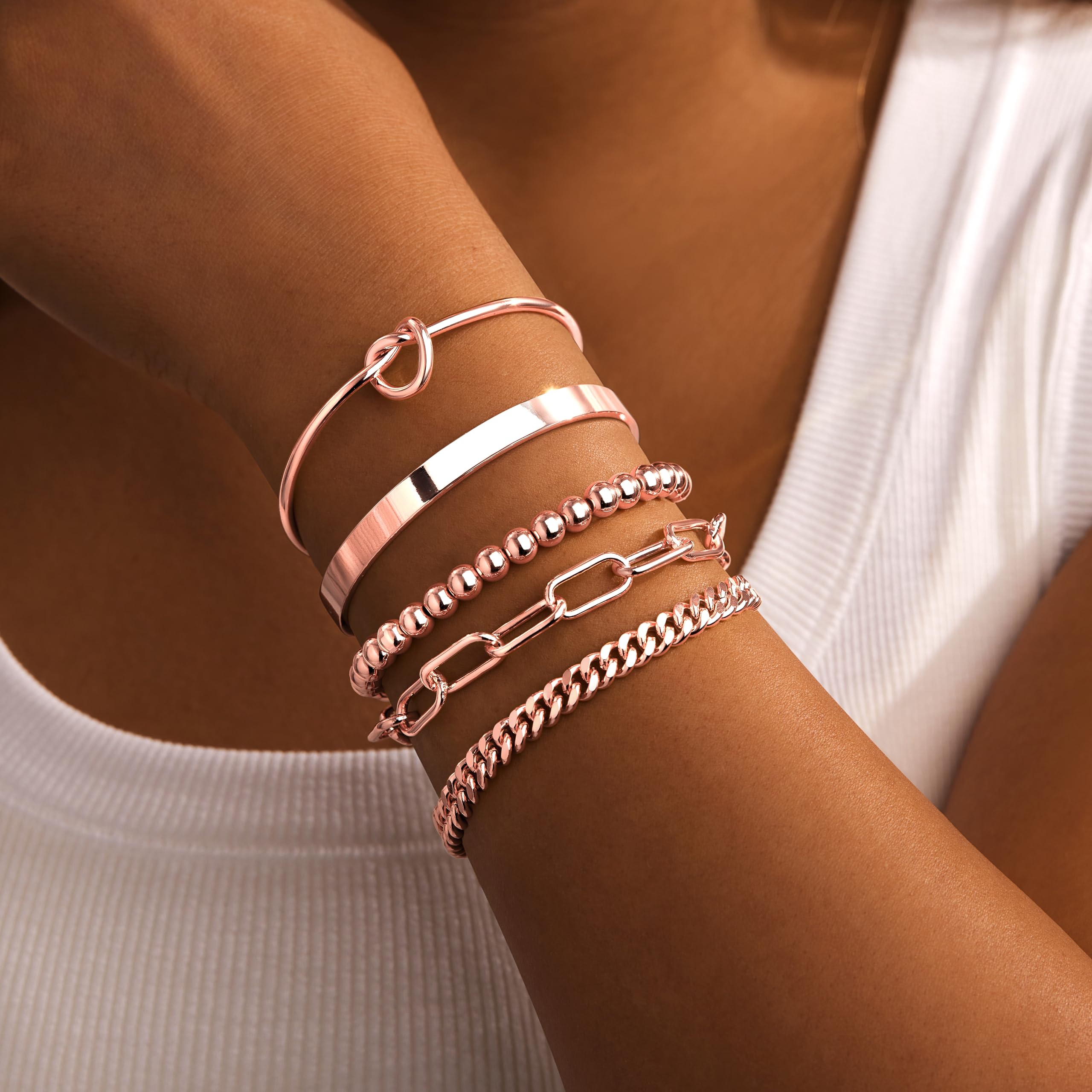 Gold Bracelets for Women Non Tarnish, 14K Gold Plated Chunky Cuff Bracelet Gold Bangles Bracelet for Women Trendy Tie Knot Cuban Rope Paperclip Beaded Bracelet Stack Jewelry Gifts