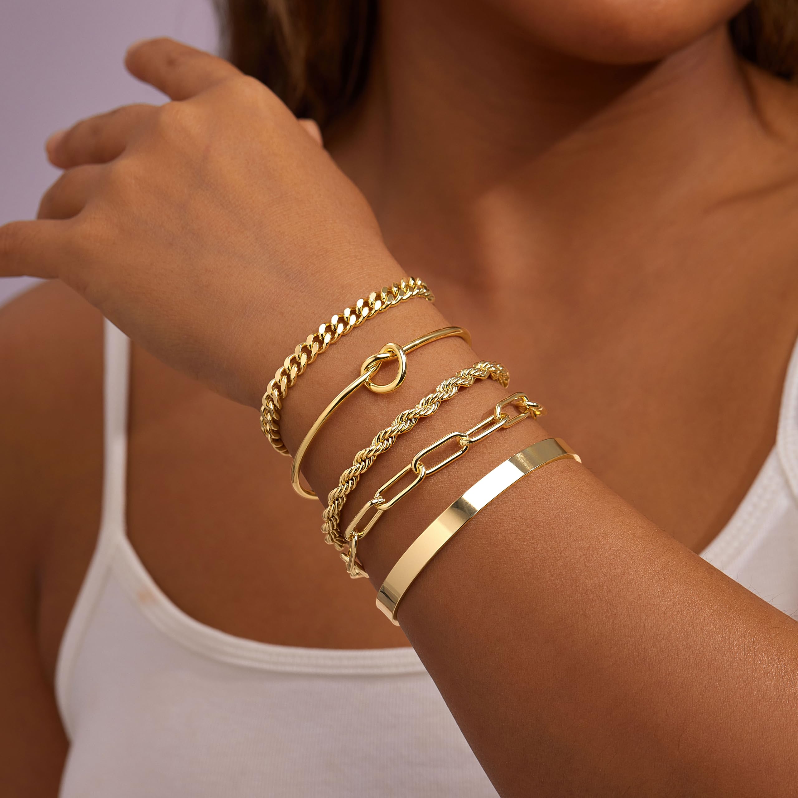 Gold Bracelets for Women Non Tarnish, 14K Gold Plated Chunky Cuff Bracelet Gold Bangles Bracelet for Women Trendy Tie Knot Cuban Rope Paperclip Beaded Bracelet Stack Jewelry Gifts
