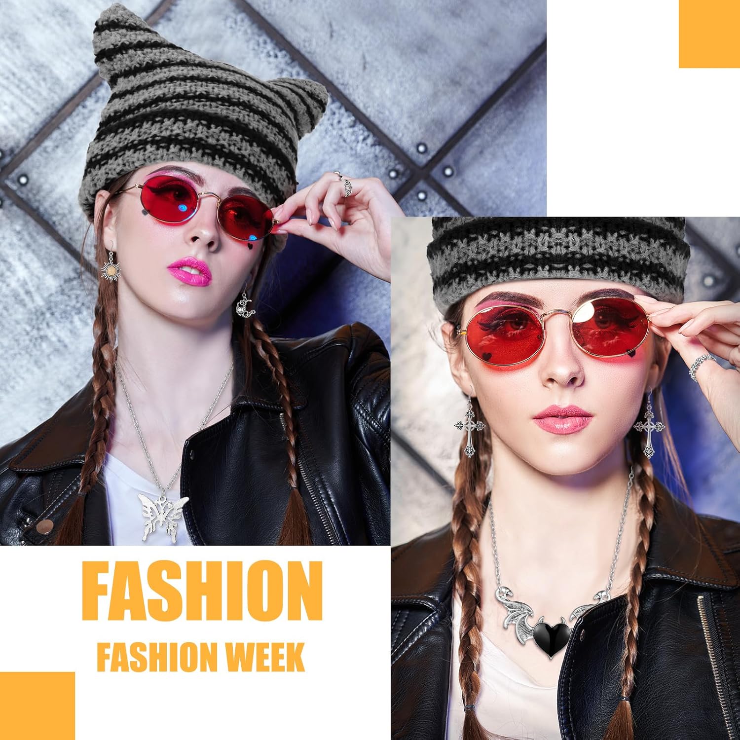 Quelay 22 Pcs Y2k Grunge Knitted Cat Beanie with Fairy Grunge Ripped Glove Earrings Necklace Rings Set Horn Accessories Slouchy Hat Crochet Beanie with Ears (Black)