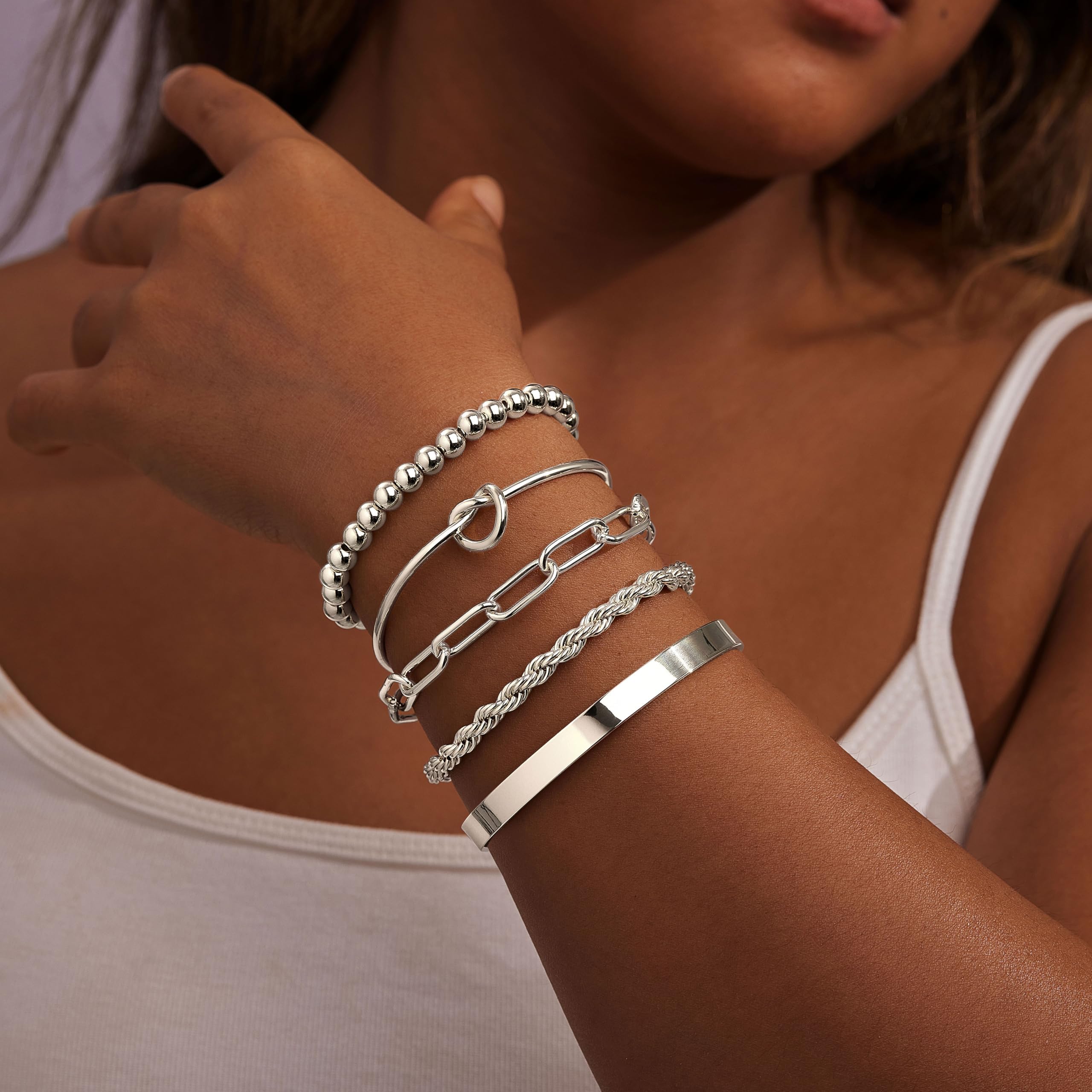 Gold Bracelets for Women Non Tarnish, 14K Gold Plated Chunky Cuff Bracelet Gold Bangles Bracelet for Women Trendy Tie Knot Cuban Rope Paperclip Beaded Bracelet Stack Jewelry Gifts