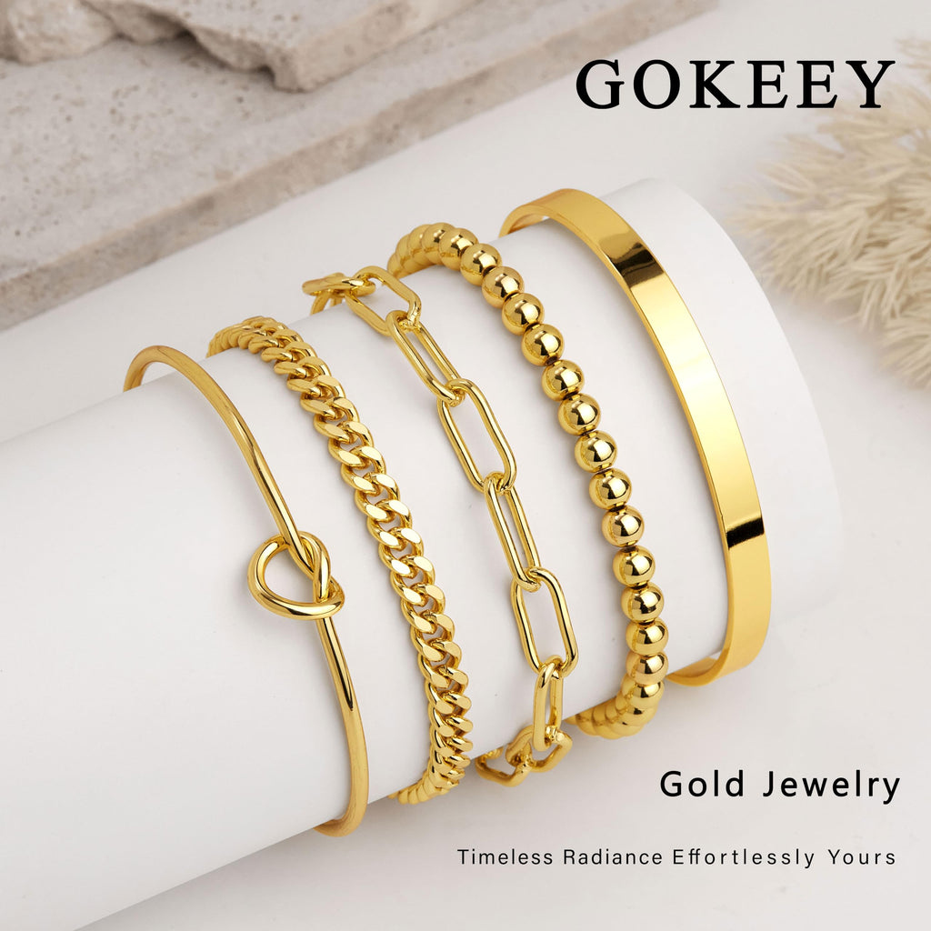 Gold Bracelets for Women Non Tarnish, 14K Gold Plated Chunky Cuff Bracelet Gold Bangles Bracelet for Women Trendy Tie Knot Cuban Rope Paperclip Beaded Bracelet Stack Jewelry Gifts
