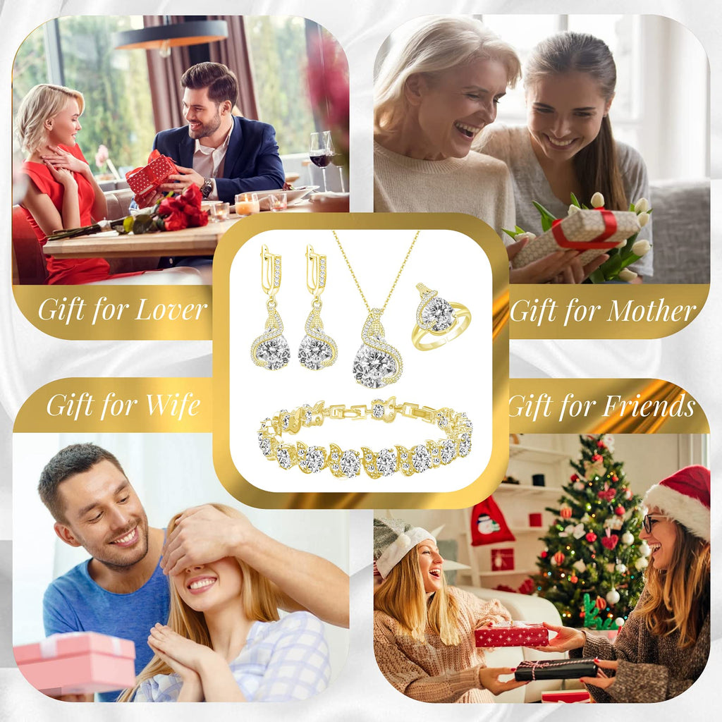 GZWHD Jewelry Set for Women Water Drop Cubic Zirconia Artificial Crystal Earrings Pendant Necklace Open Ring Tennis Bracelet Wedding Anniversary Birthday Engagement Gift for Bridesmaid Wife Girlfriend Friend