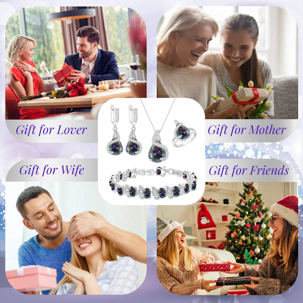 GZWHD Jewelry Set for Women Water Drop Cubic Zirconia Artificial Crystal Earrings Pendant Necklace Open Ring Tennis Bracelet Wedding Anniversary Birthday Engagement Gift for Bridesmaid Wife Girlfriend Friend