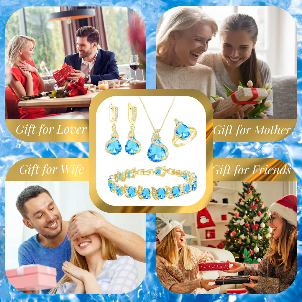 GZWHD Jewelry Set for Women Water Drop Cubic Zirconia Artificial Crystal Earrings Pendant Necklace Open Ring Tennis Bracelet Wedding Anniversary Birthday Engagement Gift for Bridesmaid Wife Girlfriend Friend