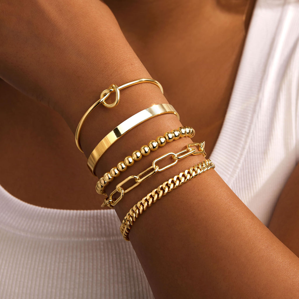 Gold Bracelets for Women Non Tarnish, 14K Gold Plated Chunky Cuff Bracelet Gold Bangles Bracelet for Women Trendy Tie Knot Cuban Rope Paperclip Beaded Bracelet Stack Jewelry Gifts