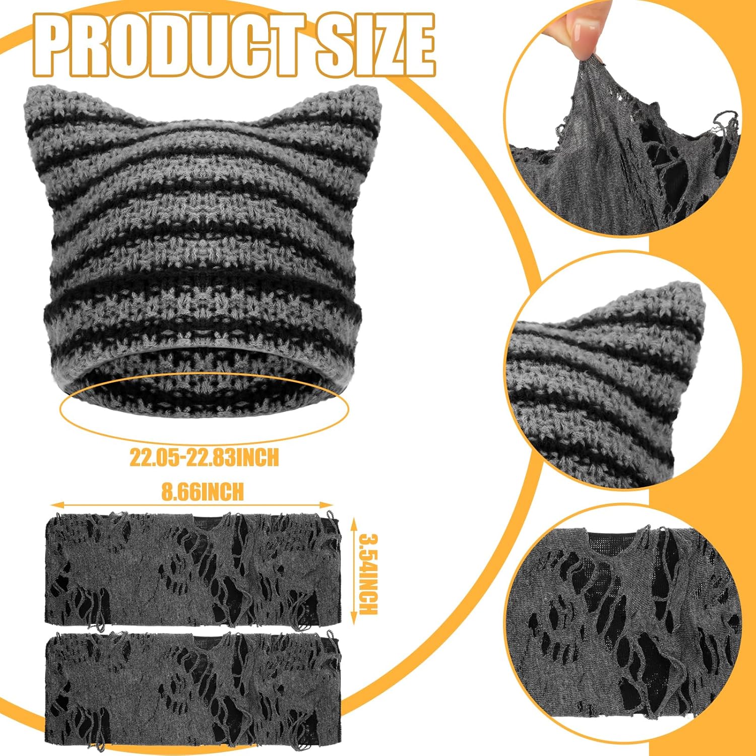 Quelay 22 Pcs Y2k Grunge Knitted Cat Beanie with Fairy Grunge Ripped Glove Earrings Necklace Rings Set Horn Accessories Slouchy Hat Crochet Beanie with Ears (Black)