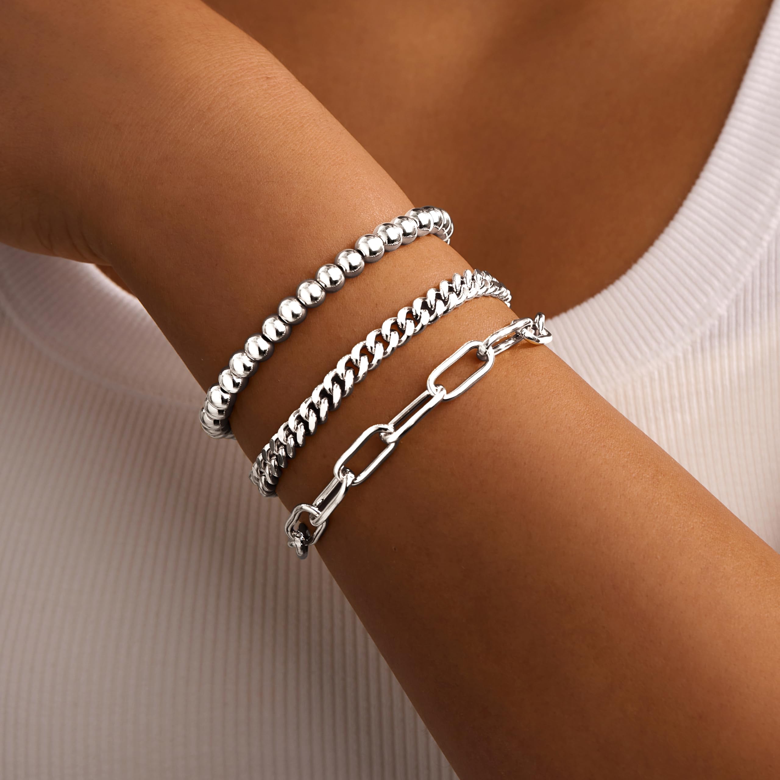 Gold Bracelets for Women Non Tarnish, 14K Gold Plated Chunky Cuff Bracelet Gold Bangles Bracelet for Women Trendy Tie Knot Cuban Rope Paperclip Beaded Bracelet Stack Jewelry Gifts