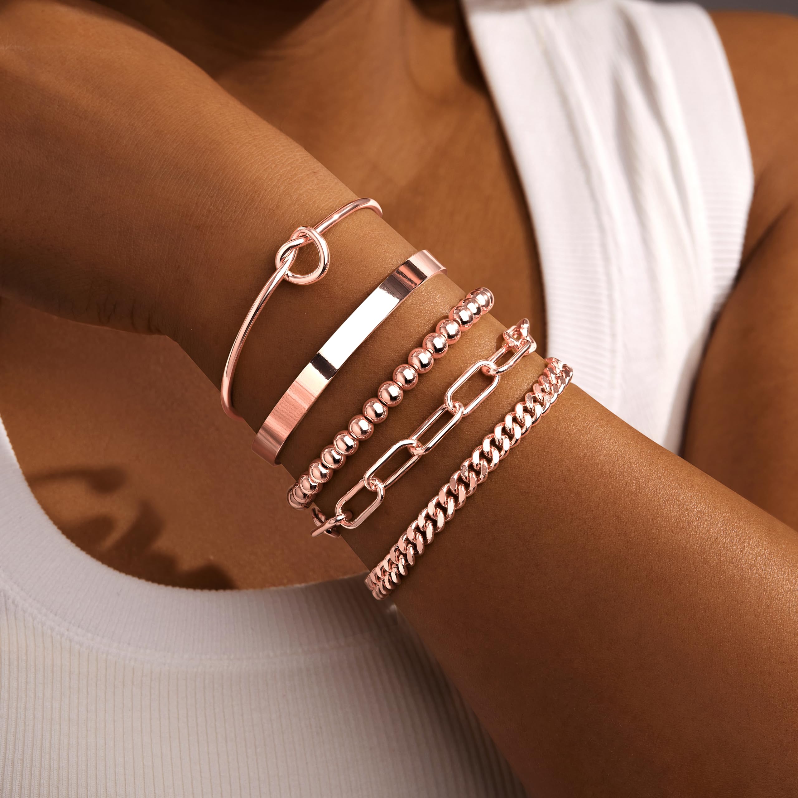 Gold Bracelets for Women Non Tarnish, 14K Gold Plated Chunky Cuff Bracelet Gold Bangles Bracelet for Women Trendy Tie Knot Cuban Rope Paperclip Beaded Bracelet Stack Jewelry Gifts