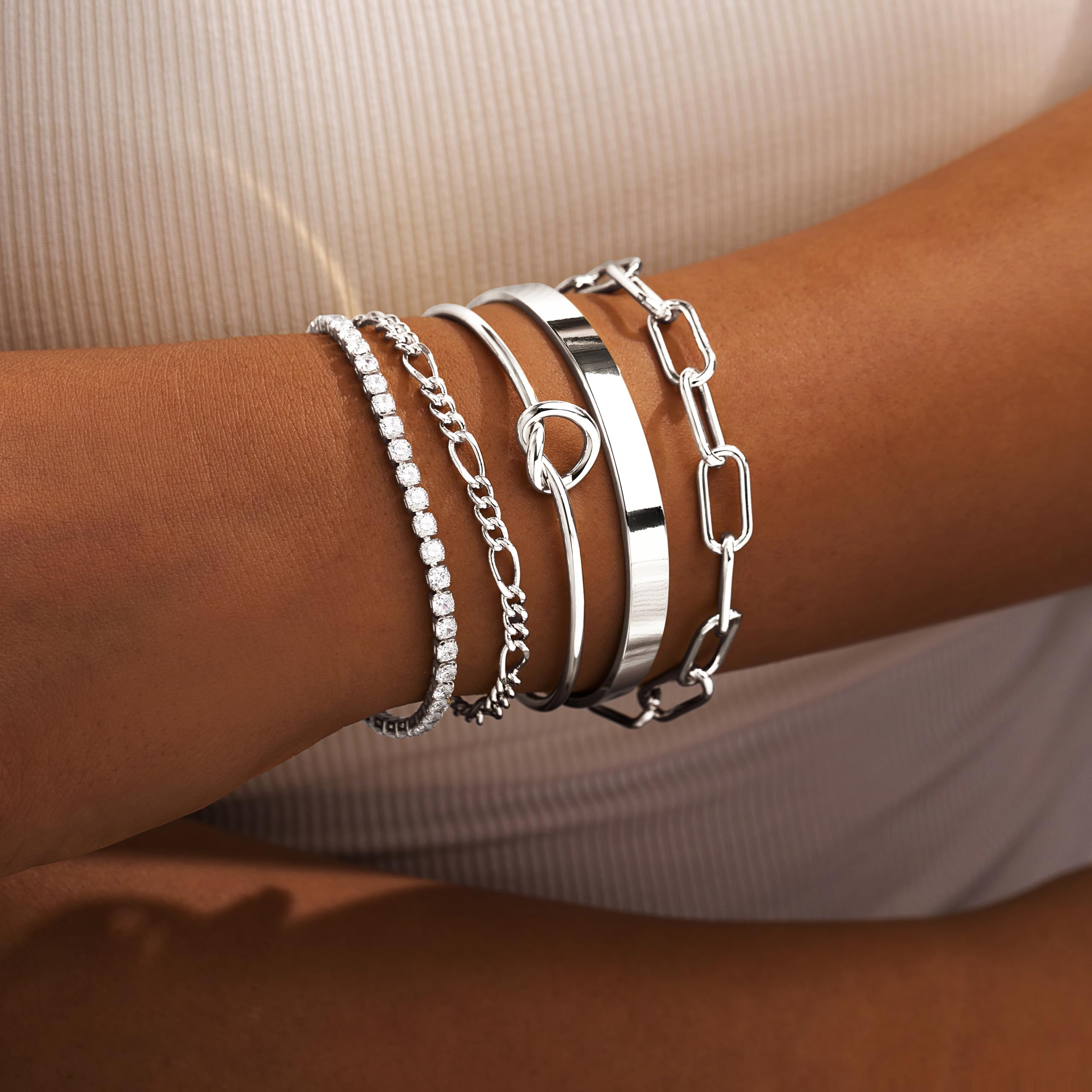 Gold Bracelets for Women Non Tarnish, 14K Gold Plated Chunky Cuff Bracelet Gold Bangles Bracelet for Women Trendy Tie Knot Cuban Rope Paperclip Beaded Bracelet Stack Jewelry Gifts