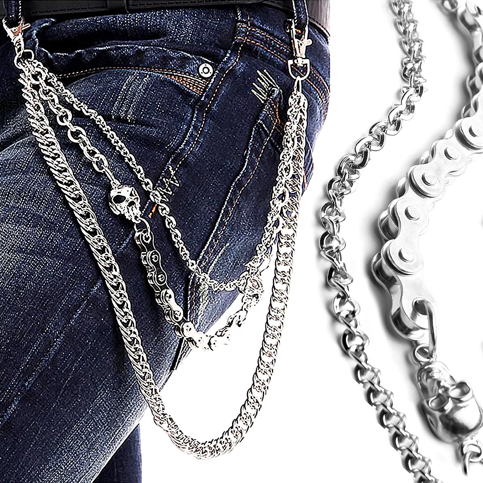 Pants Chain for Men Women,Biker Skull Chain Wallet,Long Cool EMO Punk Trousers Pocket Belt Key Chains for Hip Hop Rock Jean Gothic