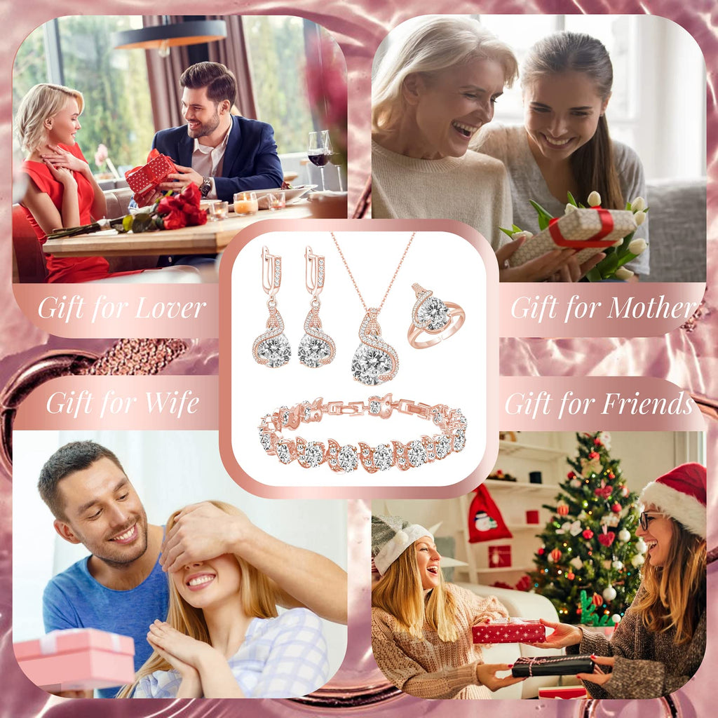 GZWHD Jewelry Set for Women Water Drop Cubic Zirconia Artificial Crystal Earrings Pendant Necklace Open Ring Tennis Bracelet Wedding Anniversary Birthday Engagement Gift for Bridesmaid Wife Girlfriend Friend