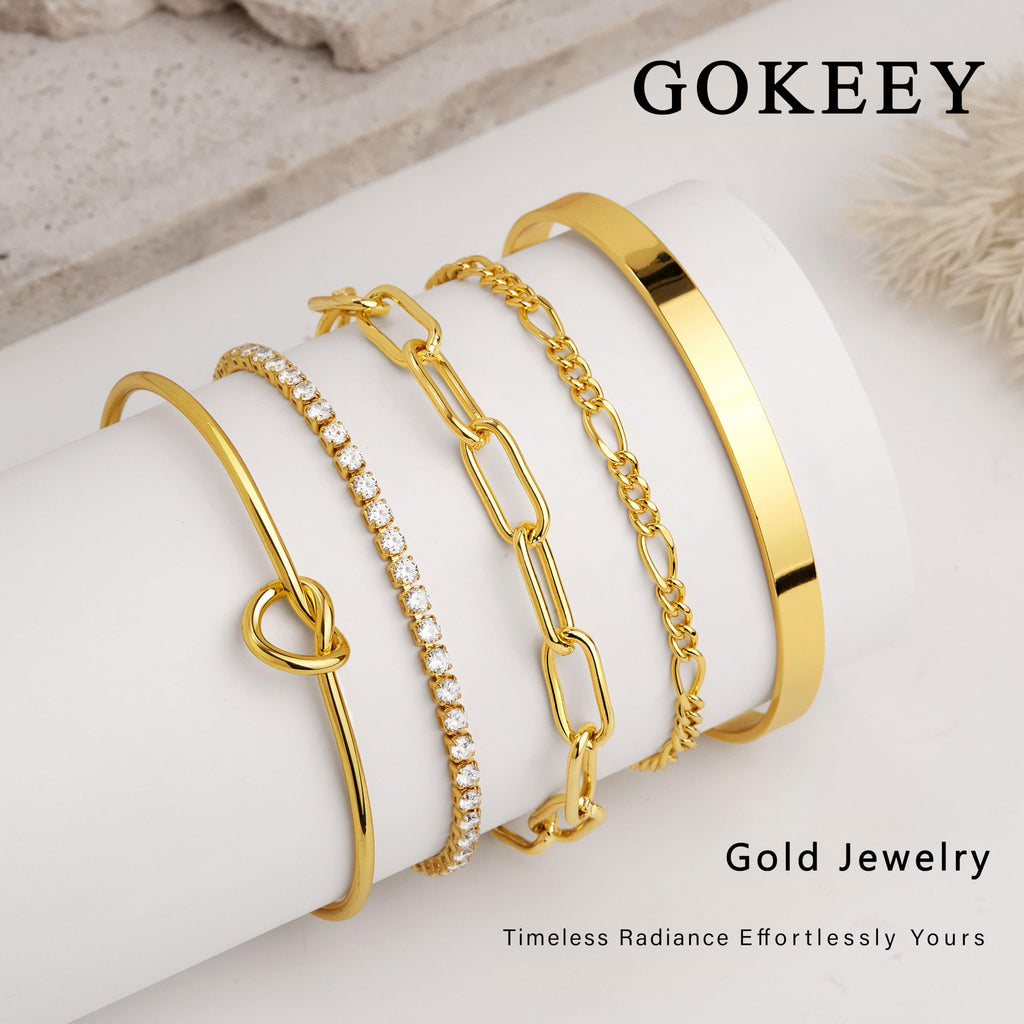 Gold Bracelets for Women Non Tarnish, 14K Gold Plated Chunky Cuff Bracelet Gold Bangles Bracelet for Women Trendy Tie Knot Cuban Rope Paperclip Beaded Bracelet Stack Jewelry Gifts