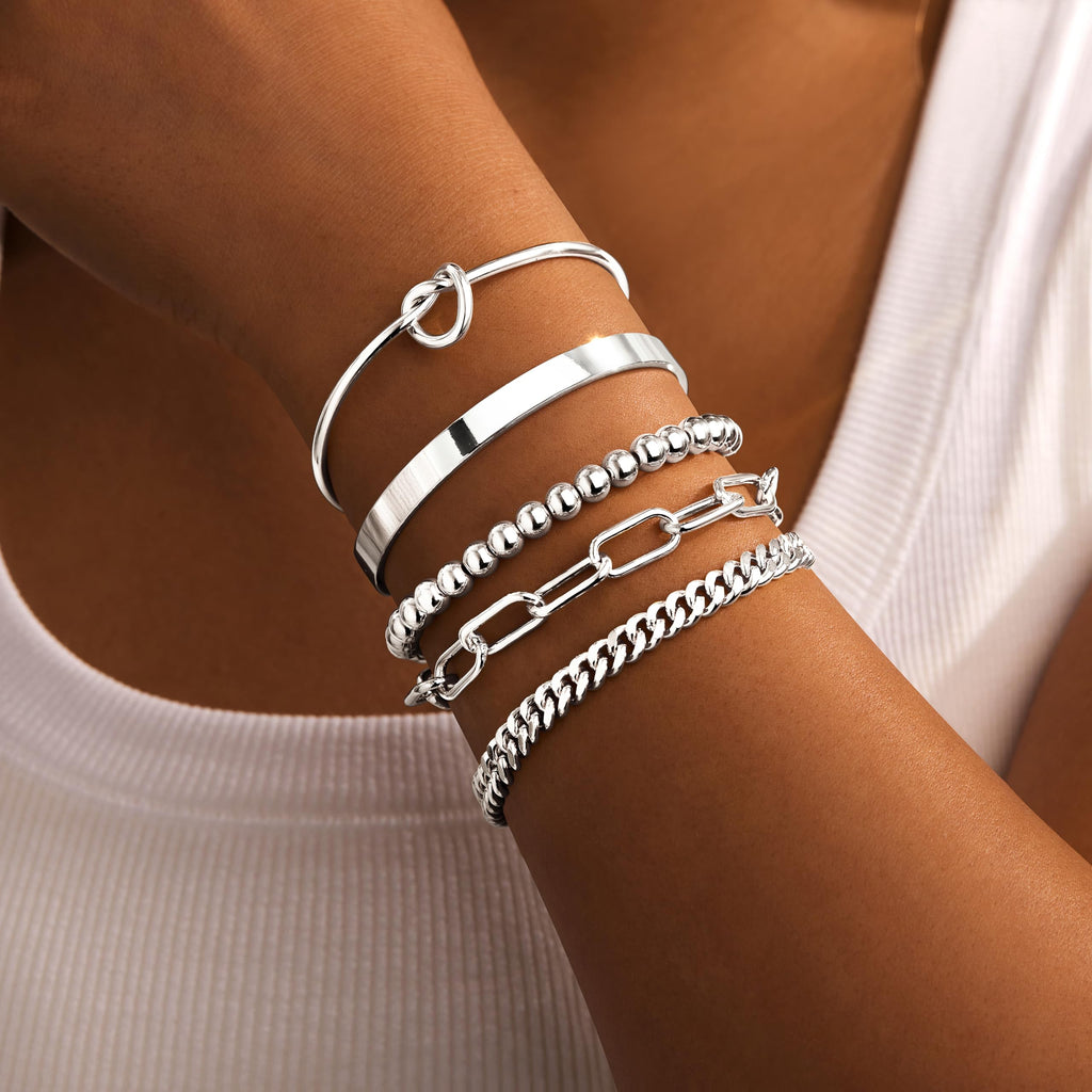 Gold Bracelets for Women Non Tarnish, 14K Gold Plated Chunky Cuff Bracelet Gold Bangles Bracelet for Women Trendy Tie Knot Cuban Rope Paperclip Beaded Bracelet Stack Jewelry Gifts