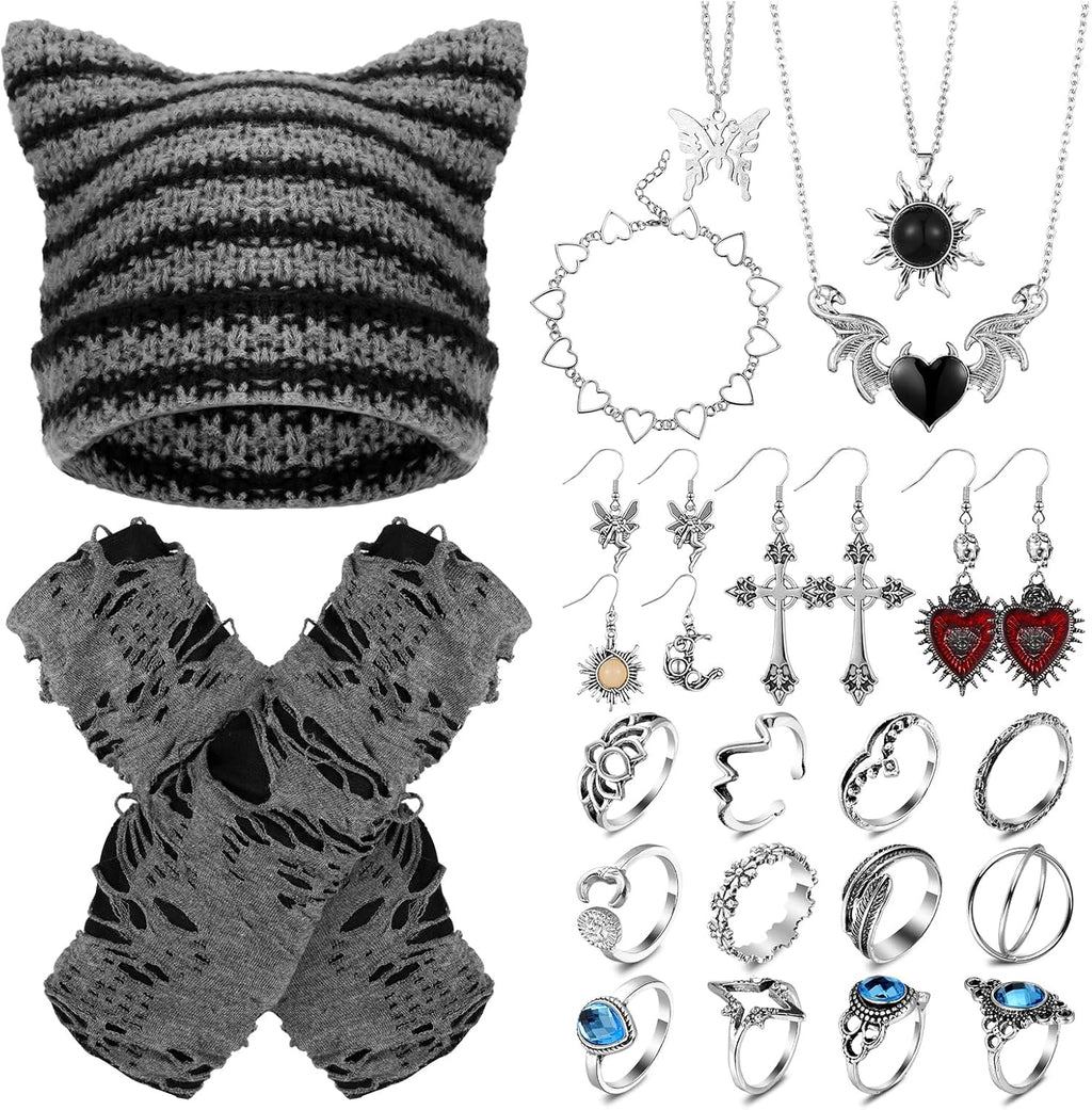 Quelay 22 Pcs Y2k Grunge Knitted Cat Beanie with Fairy Grunge Ripped Glove Earrings Necklace Rings Set Horn Accessories Slouchy Hat Crochet Beanie with Ears (Black)
