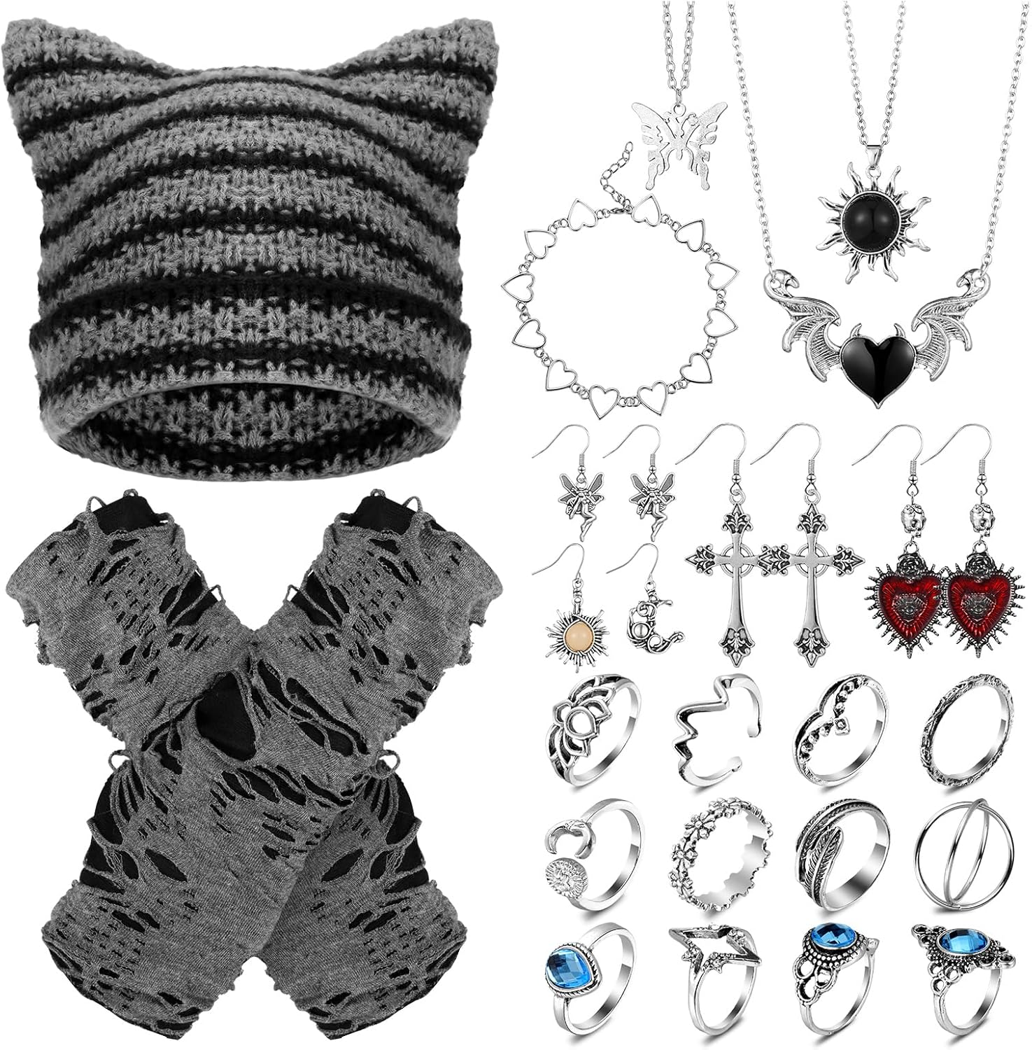 Quelay 22 Pcs Y2k Grunge Knitted Cat Beanie with Fairy Grunge Ripped Glove Earrings Necklace Rings Set Horn Accessories Slouchy Hat Crochet Beanie with Ears (Black)
