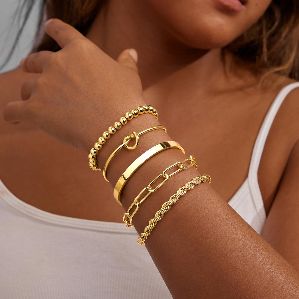 Gold Bracelets for Women Non Tarnish, 14K Gold Plated Chunky Cuff Bracelet Gold Bangles Bracelet for Women Trendy Tie Knot Cuban Rope Paperclip Beaded Bracelet Stack Jewelry Gifts