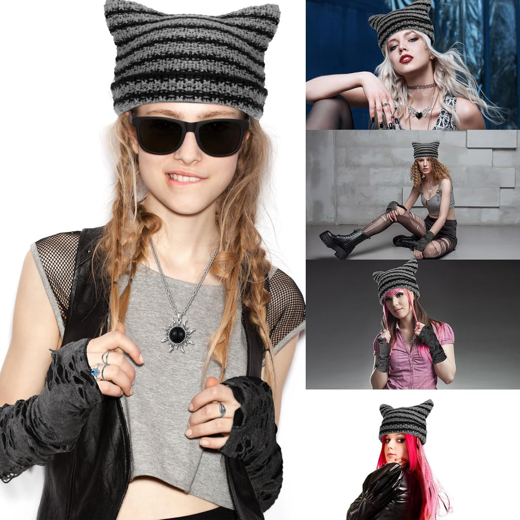 Quelay 22 Pcs Y2k Grunge Knitted Cat Beanie with Fairy Grunge Ripped Glove Earrings Necklace Rings Set Horn Accessories Slouchy Hat Crochet Beanie with Ears (Black)