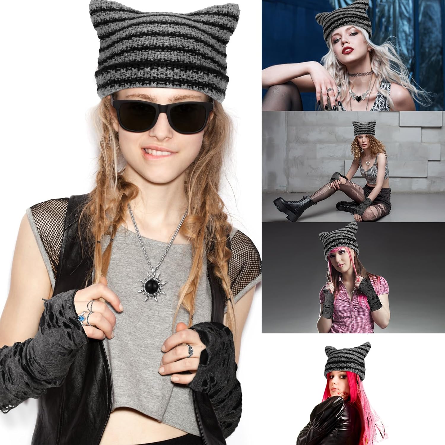 Quelay 22 Pcs Y2k Grunge Knitted Cat Beanie with Fairy Grunge Ripped Glove Earrings Necklace Rings Set Horn Accessories Slouchy Hat Crochet Beanie with Ears (Black)