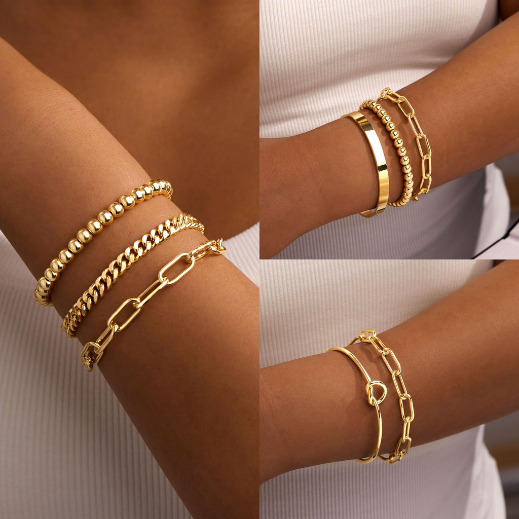 Gold Bracelets for Women Non Tarnish, 14K Gold Plated Chunky Cuff Bracelet Gold Bangles Bracelet for Women Trendy Tie Knot Cuban Rope Paperclip Beaded Bracelet Stack Jewelry Gifts
