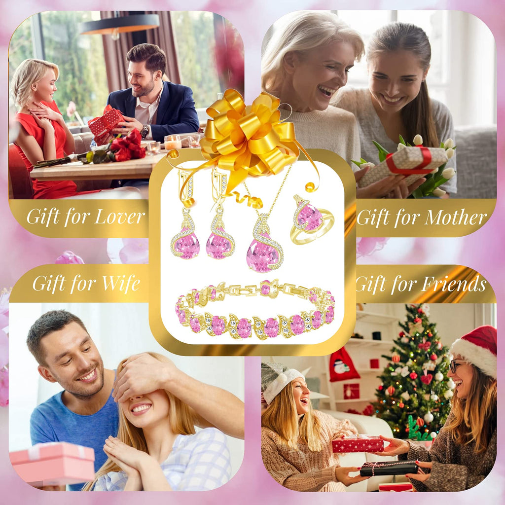 GZWHD Jewelry Set for Women Water Drop Cubic Zirconia Artificial Crystal Earrings Pendant Necklace Open Ring Tennis Bracelet Wedding Anniversary Birthday Engagement Gift for Bridesmaid Wife Girlfriend Friend