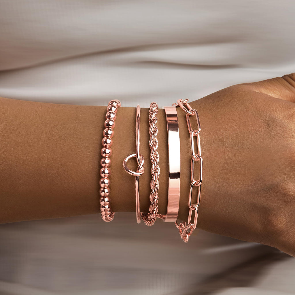 Gold Bracelets for Women Non Tarnish, 14K Gold Plated Chunky Cuff Bracelet Gold Bangles Bracelet for Women Trendy Tie Knot Cuban Rope Paperclip Beaded Bracelet Stack Jewelry Gifts