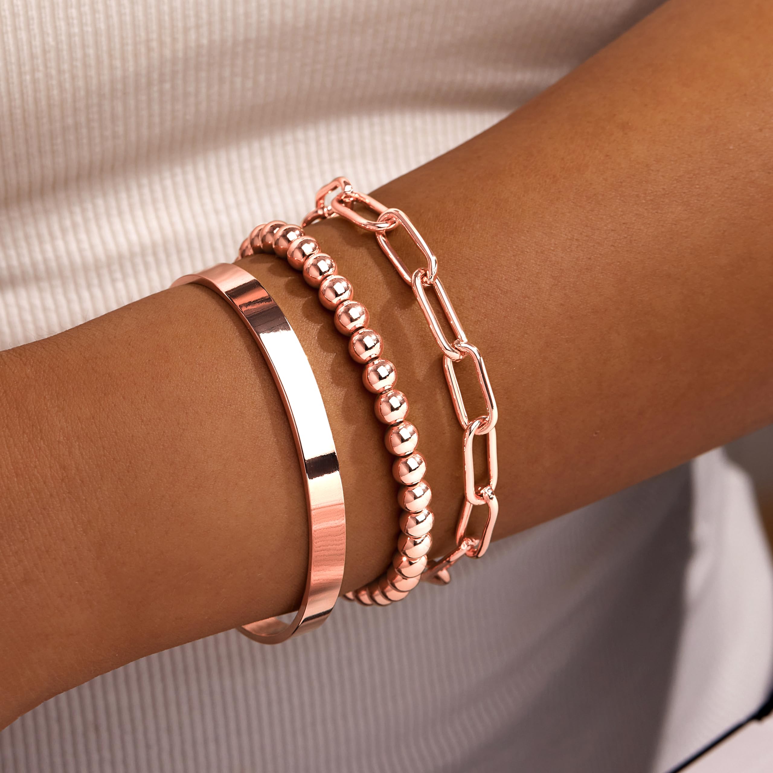 Gold Bracelets for Women Non Tarnish, 14K Gold Plated Chunky Cuff Bracelet Gold Bangles Bracelet for Women Trendy Tie Knot Cuban Rope Paperclip Beaded Bracelet Stack Jewelry Gifts